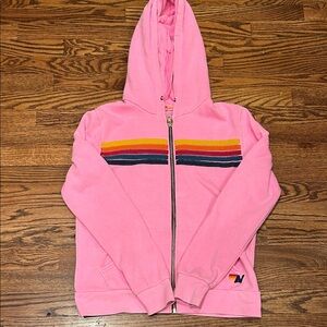 Aviator Nation Pink Zip Hoodie with Rainbow Chest Stripes